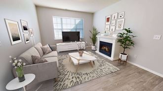 Cozy living area with a large window and fireplace available in some units.