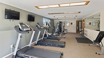 the gym has plenty of exercise equipment and a tv