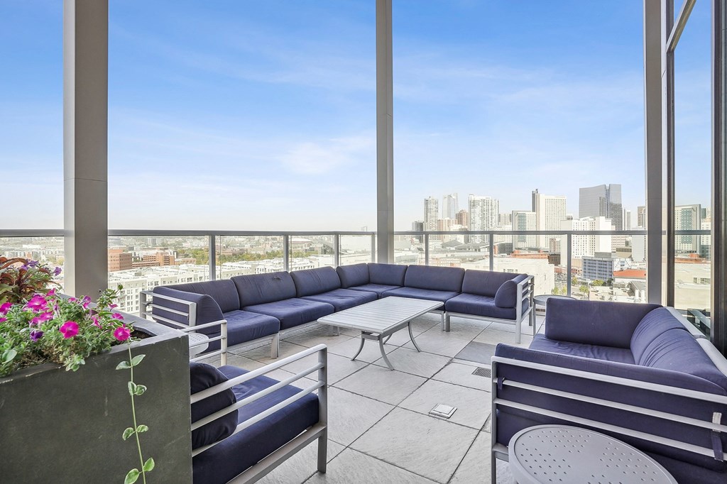 Relax on the patio while taking in views of Denver and the Rocky Mountains