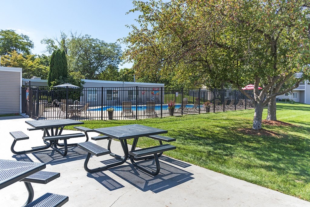 our picnic tables are next to the pool and trees
