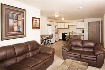 Bright living room furnished with two leather sofas and a view into the kitchen. - Photo Gallery 4