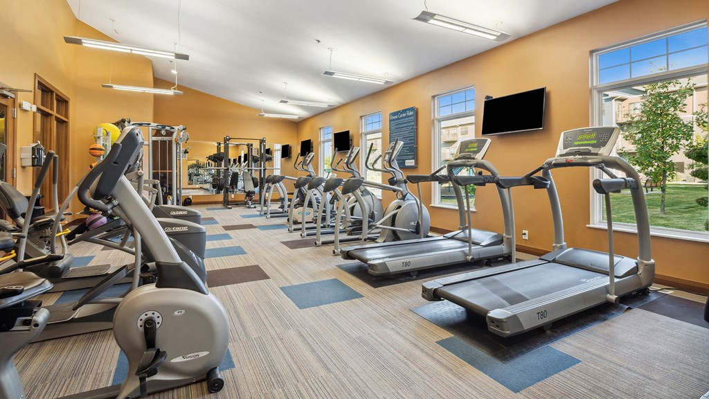 A gym with treadmills, elliptical machines, and other exercise equipment.