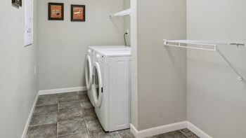A white washing machine in a laundry room.