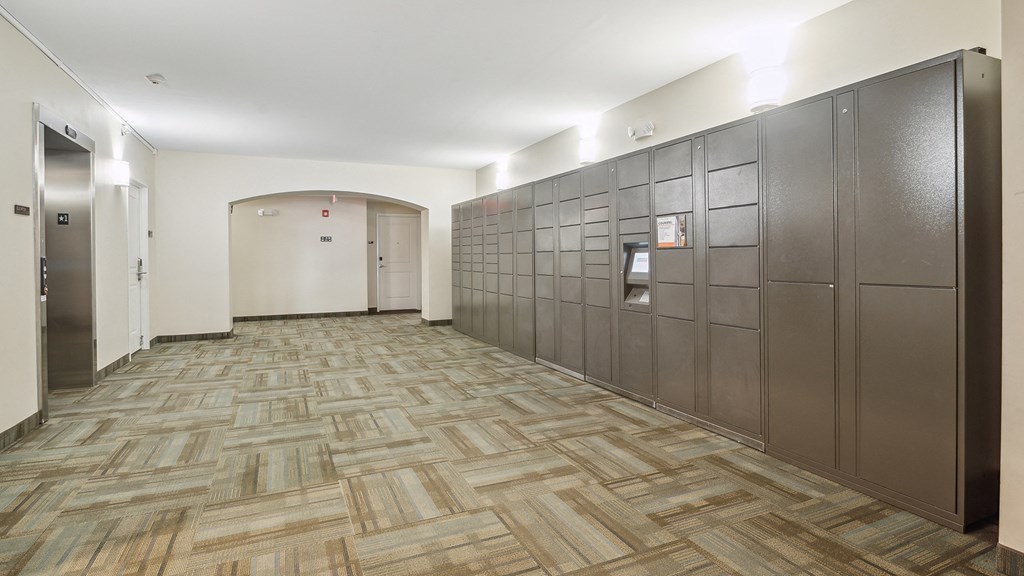 A long hallway with a carpeted floor and a wall of lockers on the right.