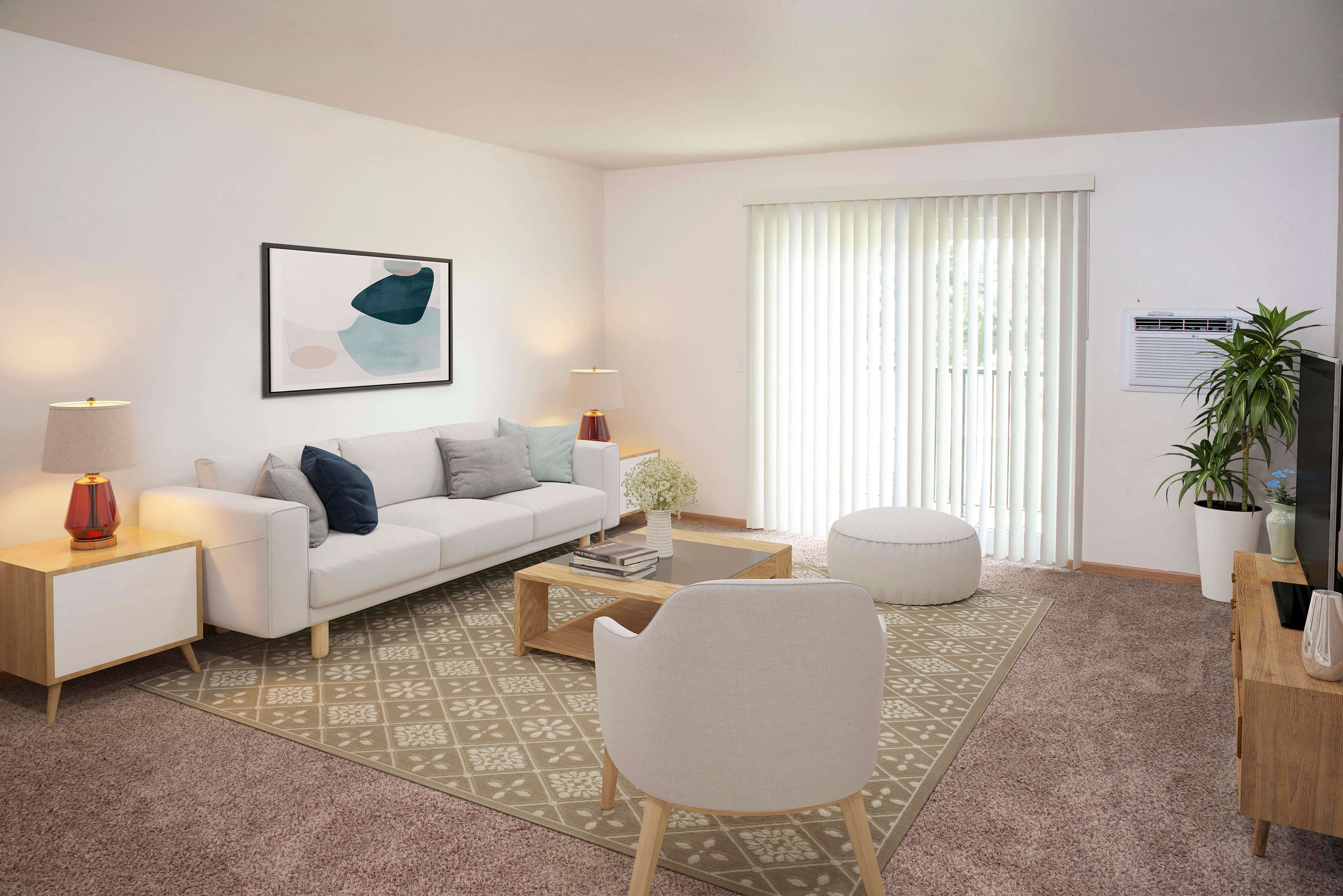 Bright and spacious living area with sliding patio doors to let in great natural light.