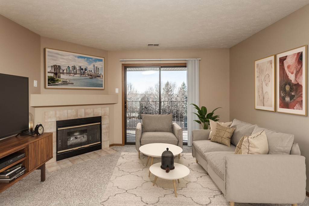 Furnished Living Room with Fireplace and Sliding Glass Door