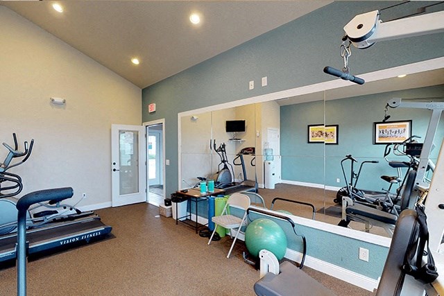 a home gym with a treadmill and weights