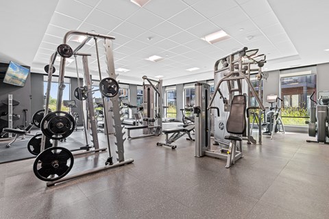 A gym with a variety of equipment including weight machines and free weights.