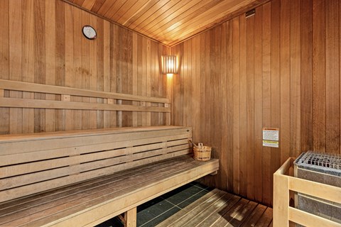 A wooden sauna with benches and a heater.