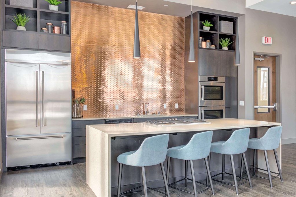 Community space features a fully equipped chef's kitchen with an island for hosting events.