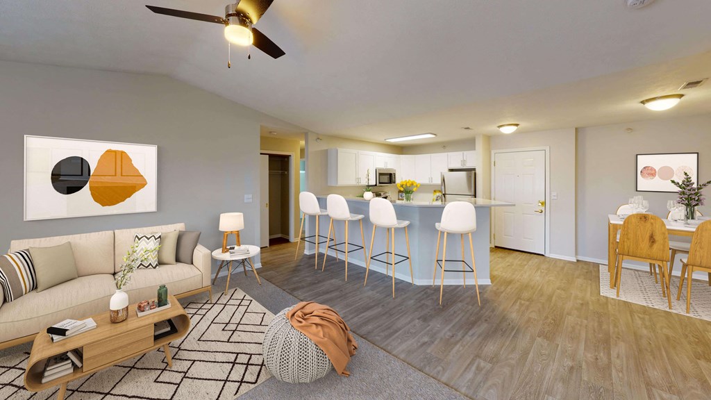 Open and contemporary layout with living room flowing into the kitchen and separate dining area.