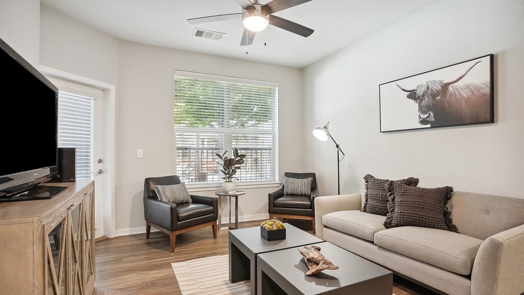 a living room with a couch and a television