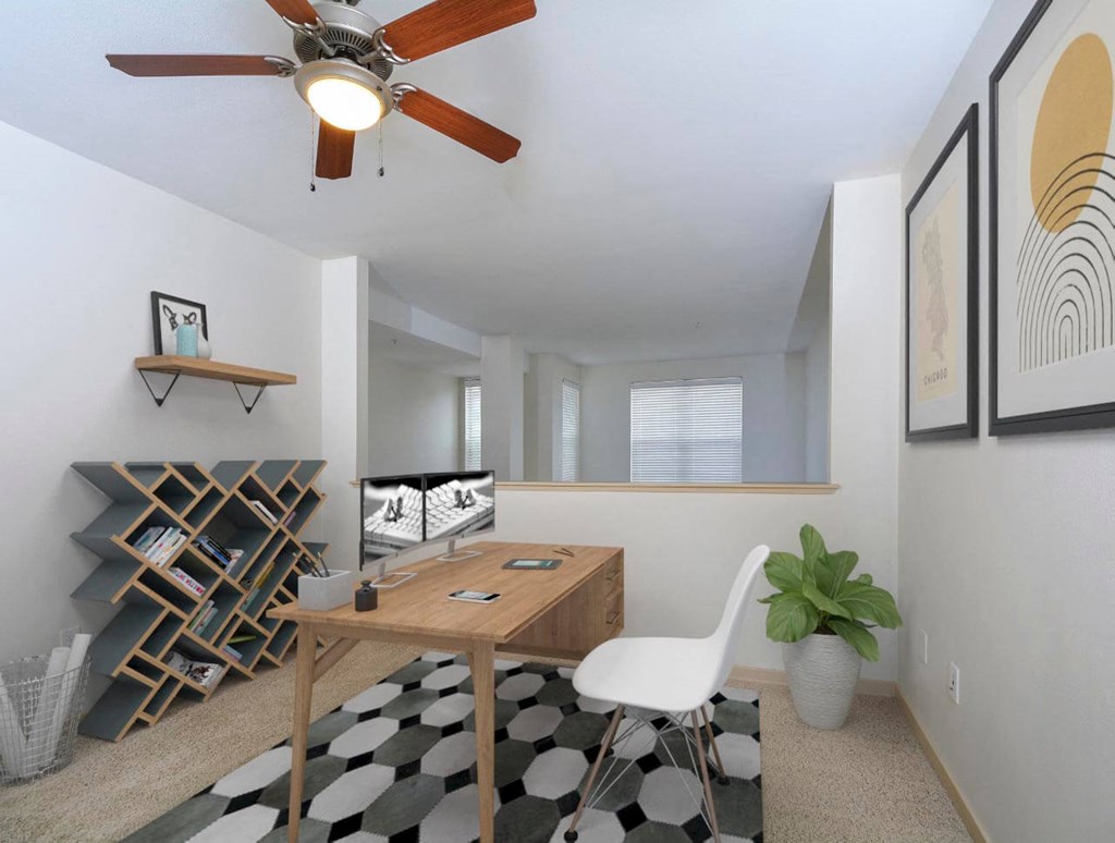 Bright open loft area with desk and chair for work from home