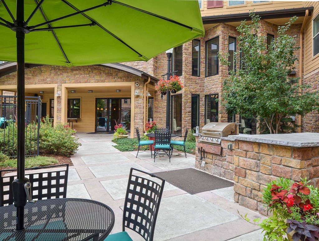 Outdoor picnic area furnished with umbrella patio tables and grills perfect for BBQ get togethers.