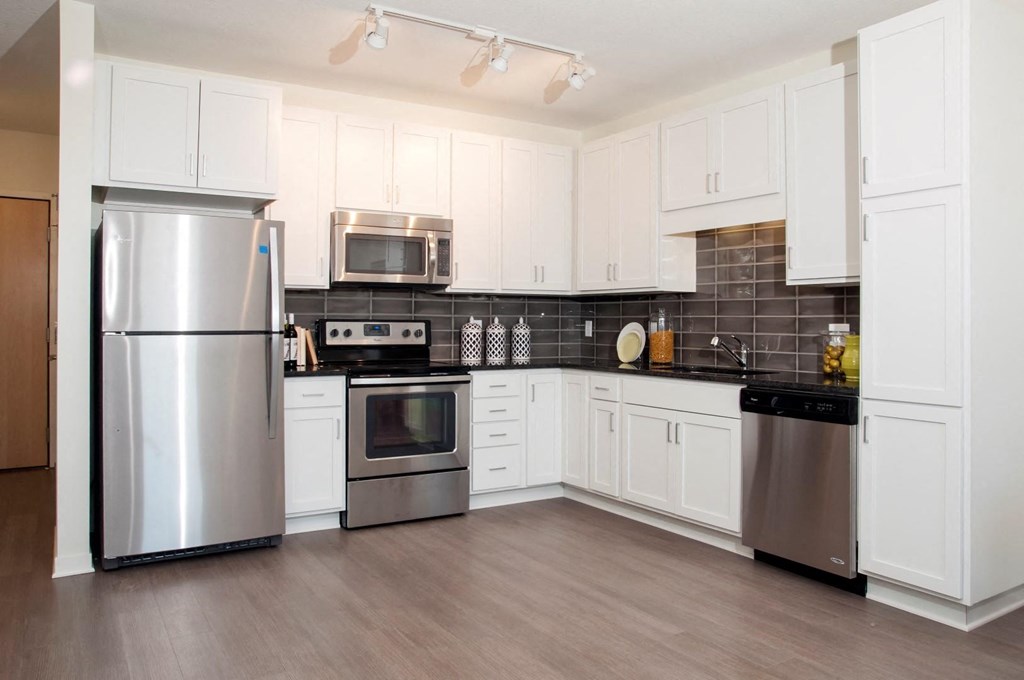 Kitchen with no island, white cabinet finishes and stainless steel appliances