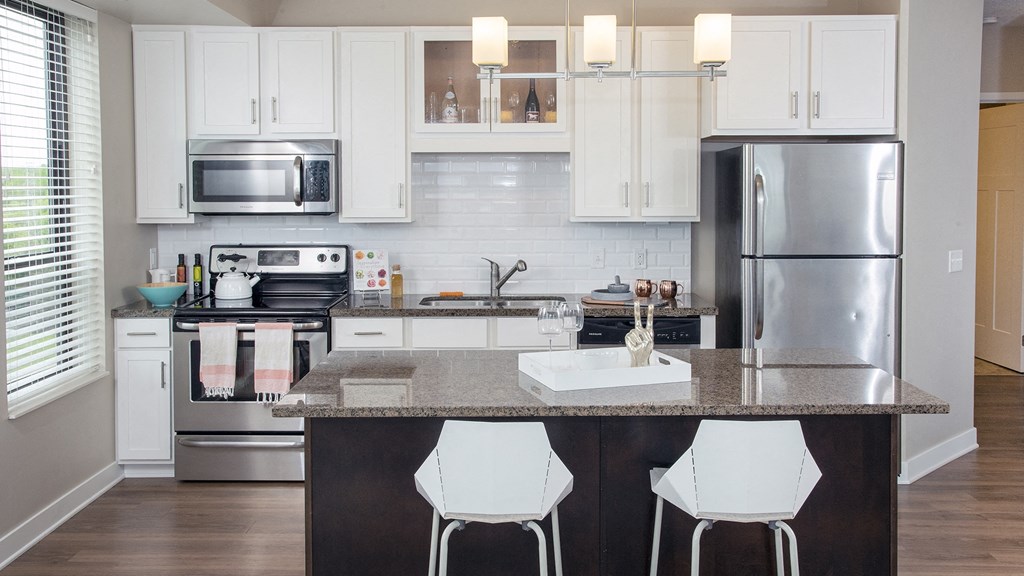a kitchen with stainless steel appliances and a granite counter top