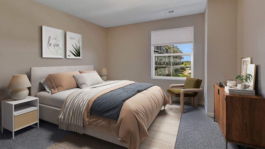 a bedroom with a bed and a window