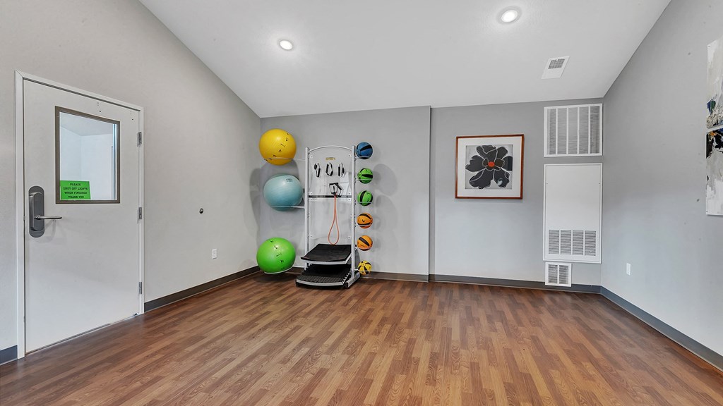 a workout room with a treadmill and spheres on the wall