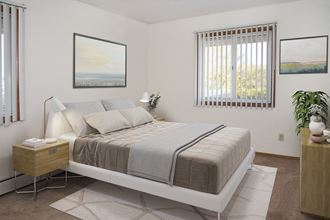 a bedroom with a bed and two windows