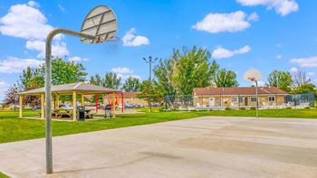 a basketball hoop in a park next to a playground