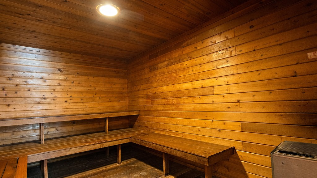 a small sauna with benches and a table