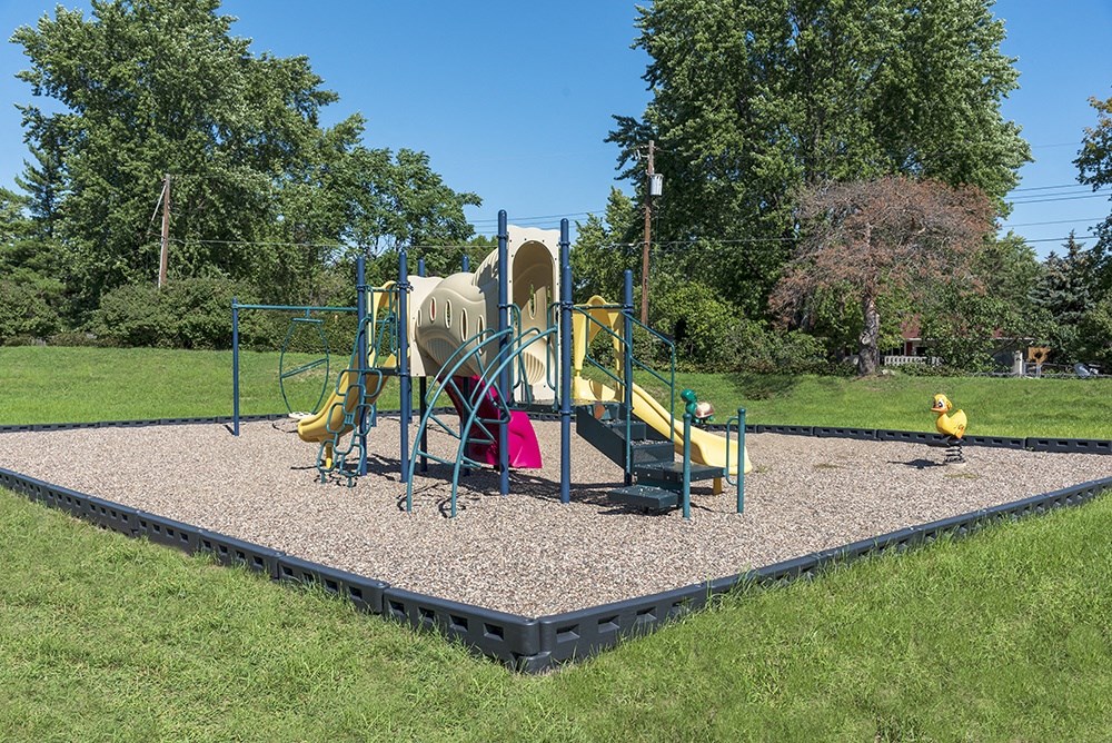 a playground in a park with a play set