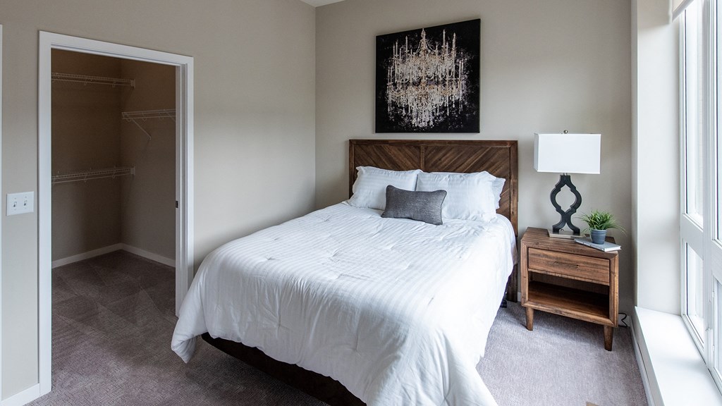 a bedroom with a large bed and a closet