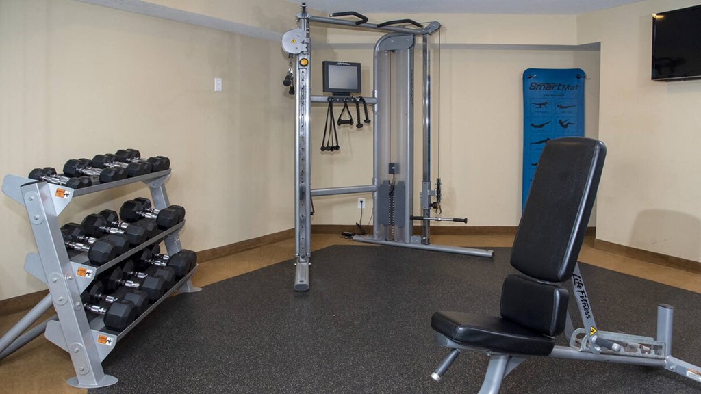 a gym with a treadmill and weights