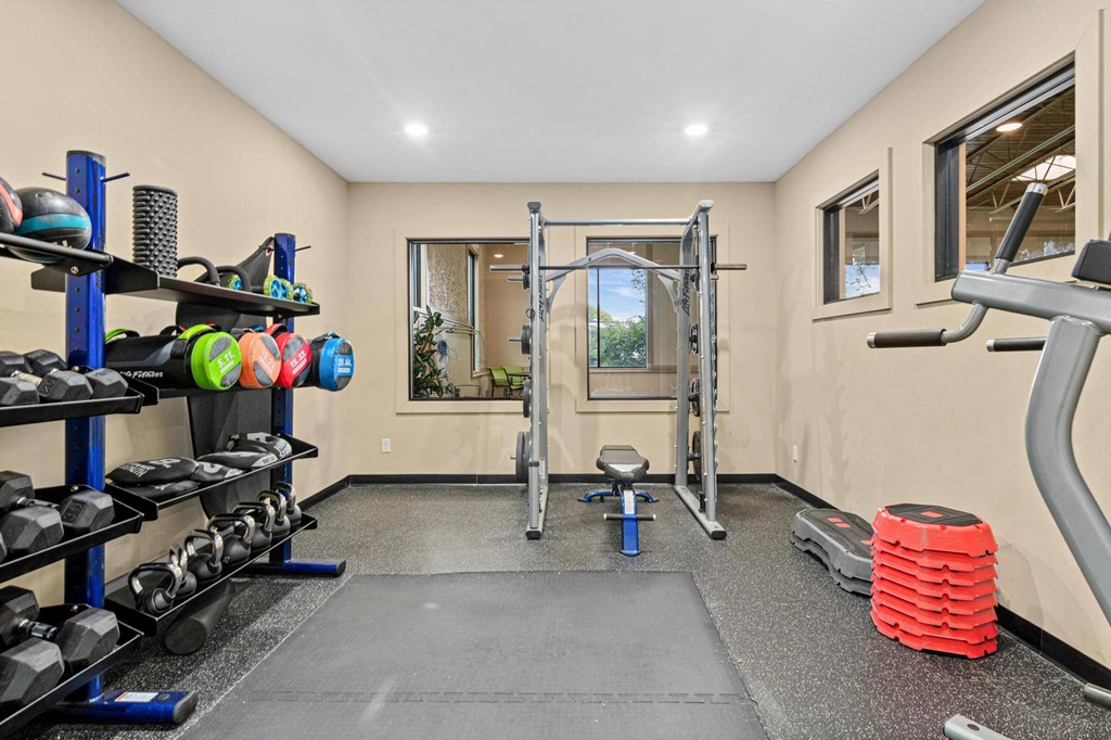 A gym room with a variety of equipment including weights and a squat rack.