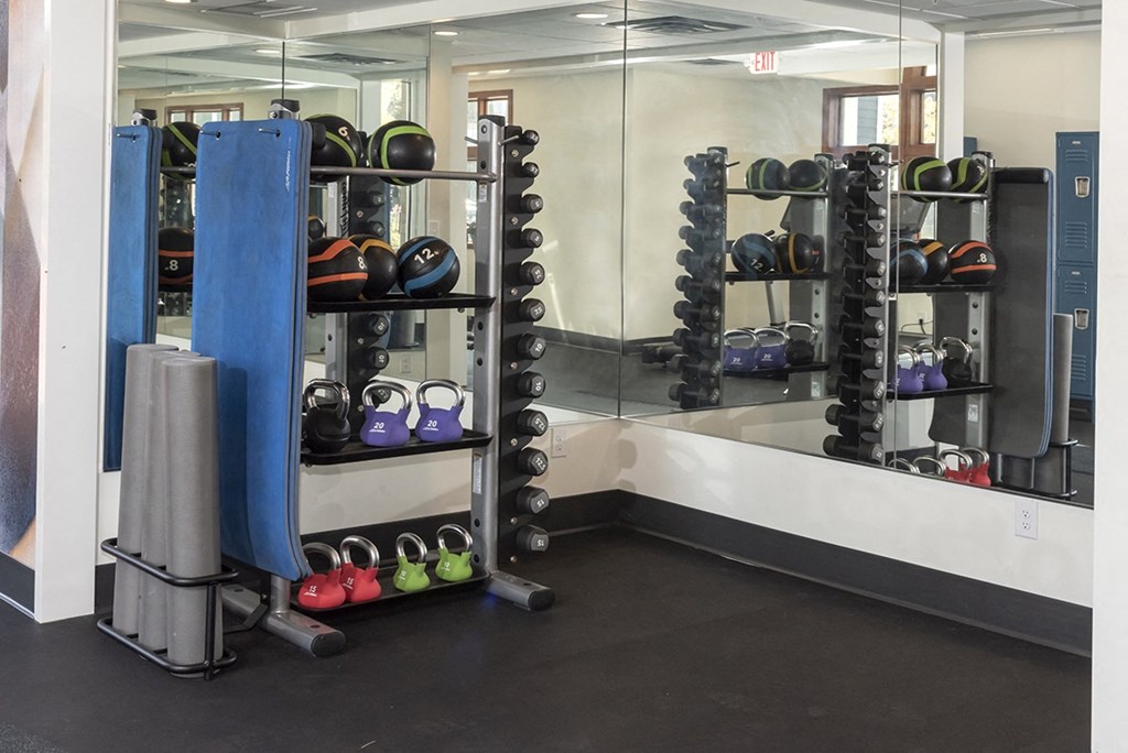 a fitness room with dumbbells and racks of weights