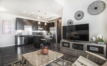 Living room space with television and coffee table, kitchen in background - Photo Gallery 4