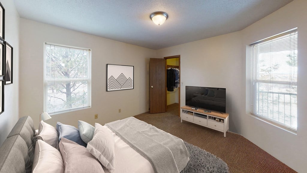 Spacious bedroom with two large windows brightening the space.