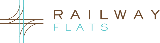 A graphic with the words "Railway Flats" written in a stylized font.