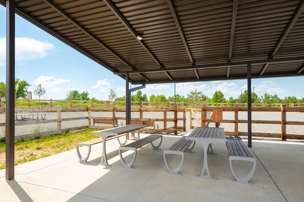 A picnic area with a table and two benches under a roof.