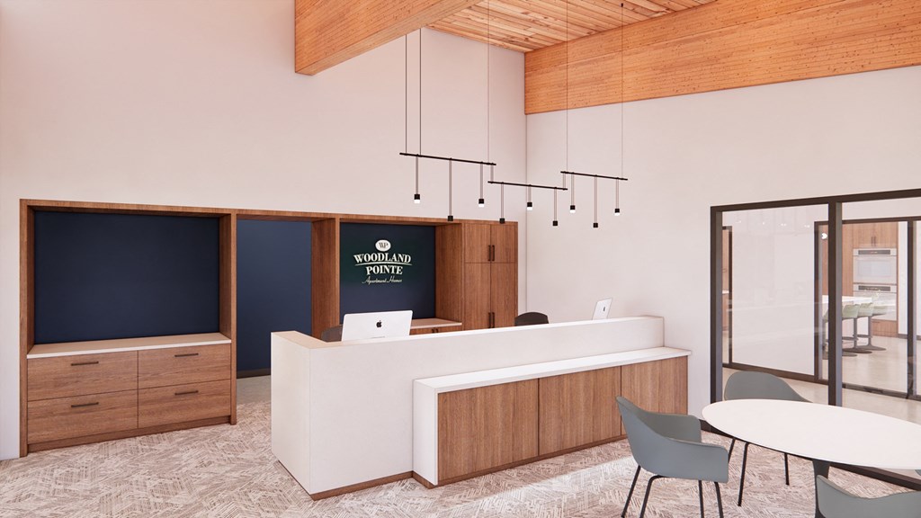 a rendering of a reception area with a desk and a tv