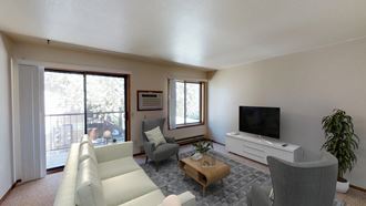 Furnished Living Room with Couch, TV and Sliding Glass Door