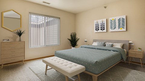 a bedroom with a bed and a dresser and a window