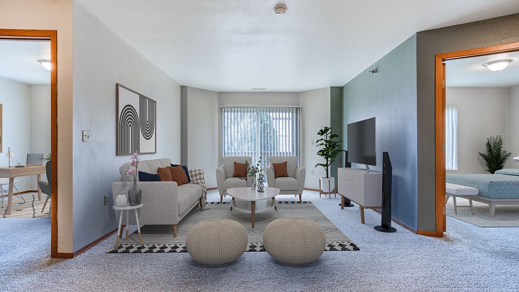 a living room with a couch and a table