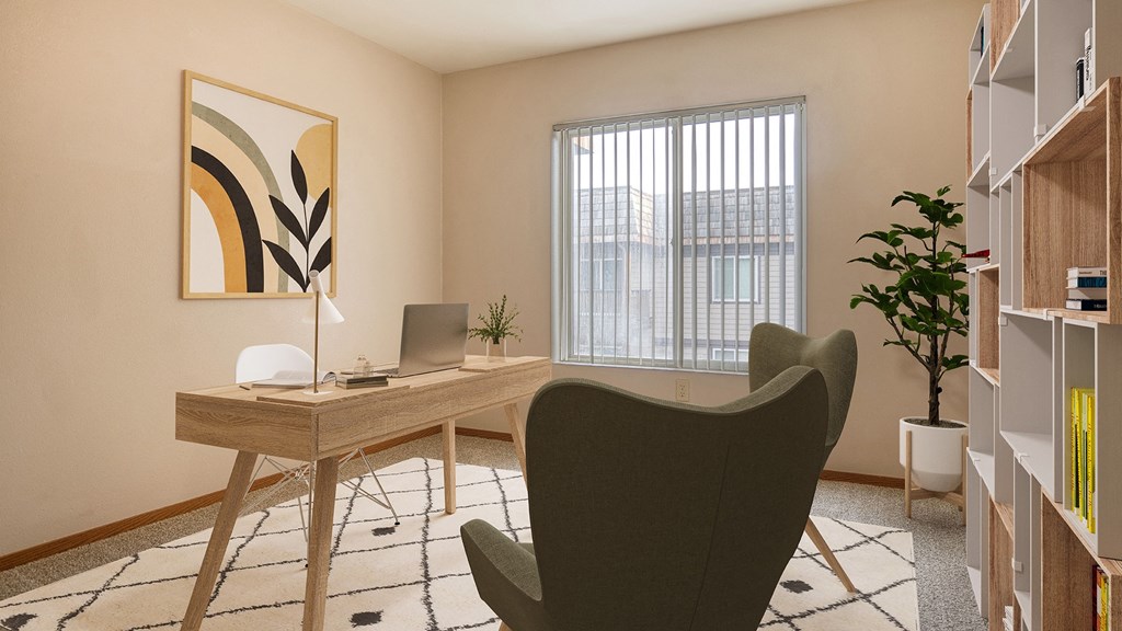 a home office with a desk and a chair and a window
