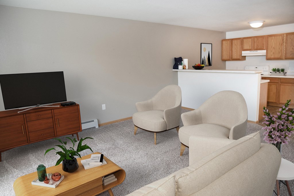 Carpeted Living Room with Chairs, Sofa, and TV