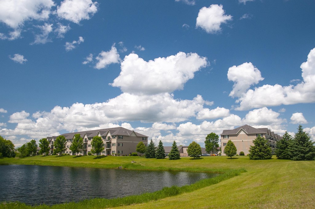 Exterior Rum River Apartments Buildings and Pond