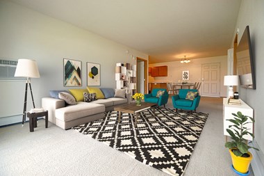 Furnished Living Room with Rug, Couches and Wall Art