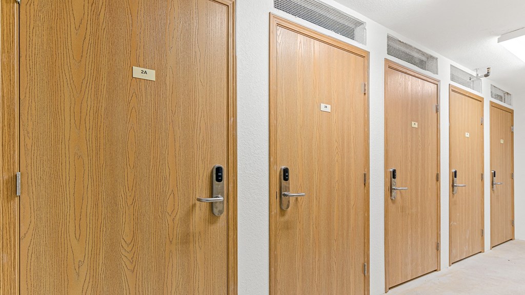 a row of four wooden doors in a hallway
