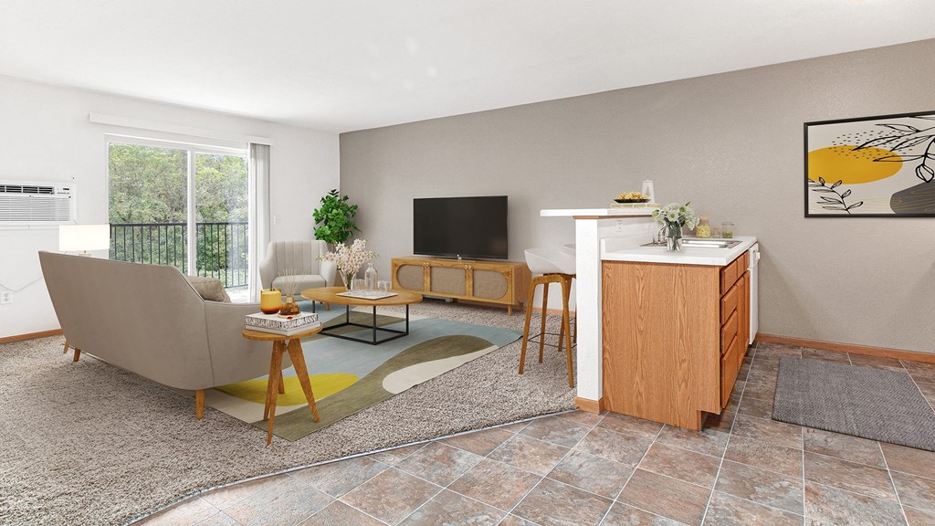 a living room with a couch and a bar and a television