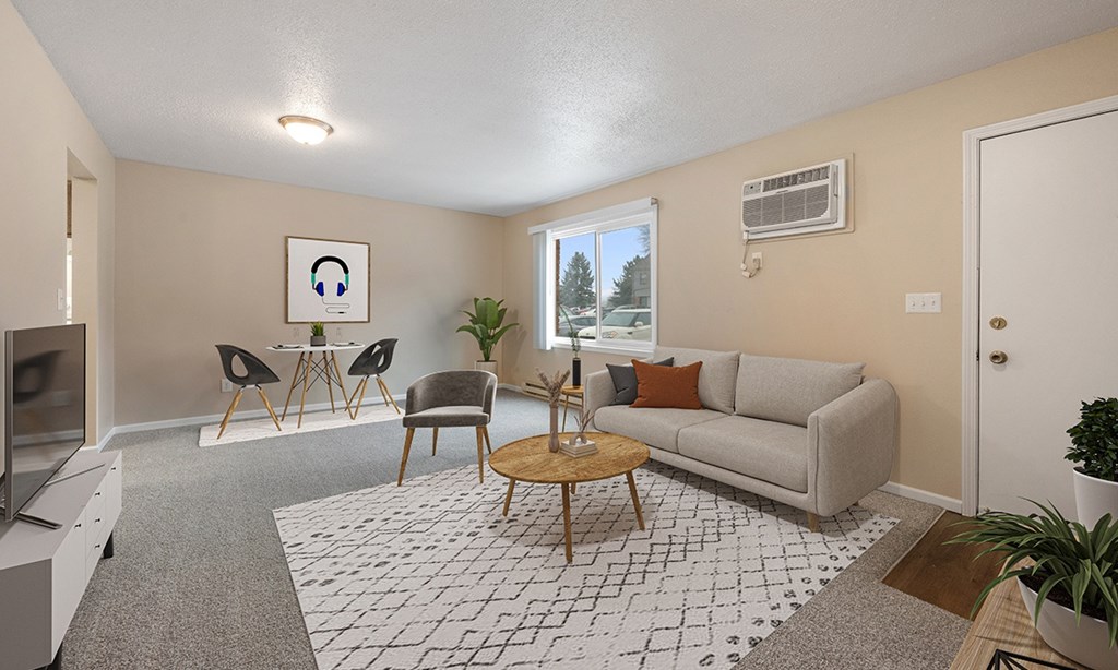 A living room with a grey couch, a coffee table, and a television.
