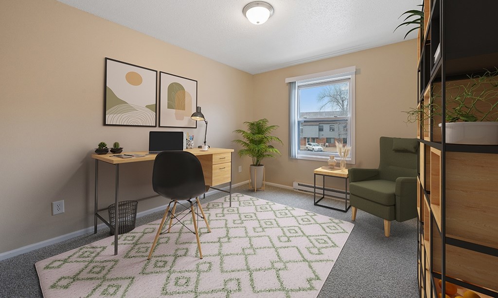 A room with a desk, chair, and a rug with a geometric pattern.