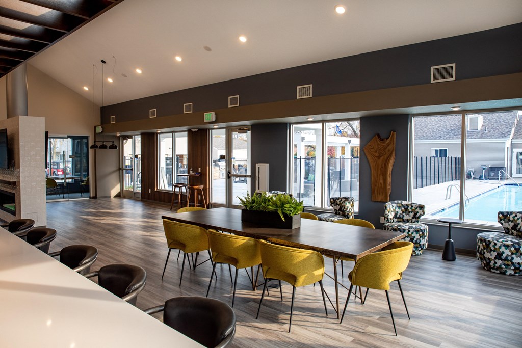 Community Clubhouse with Large Tables and Bar