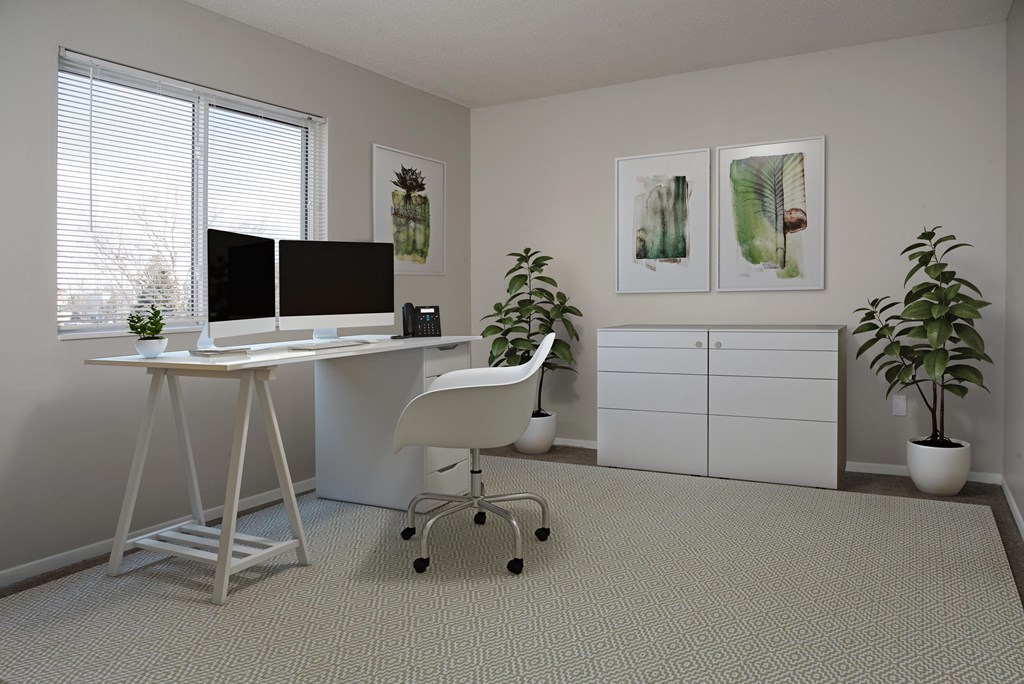 At Home Work Space with Desk, Computer and Cabinets