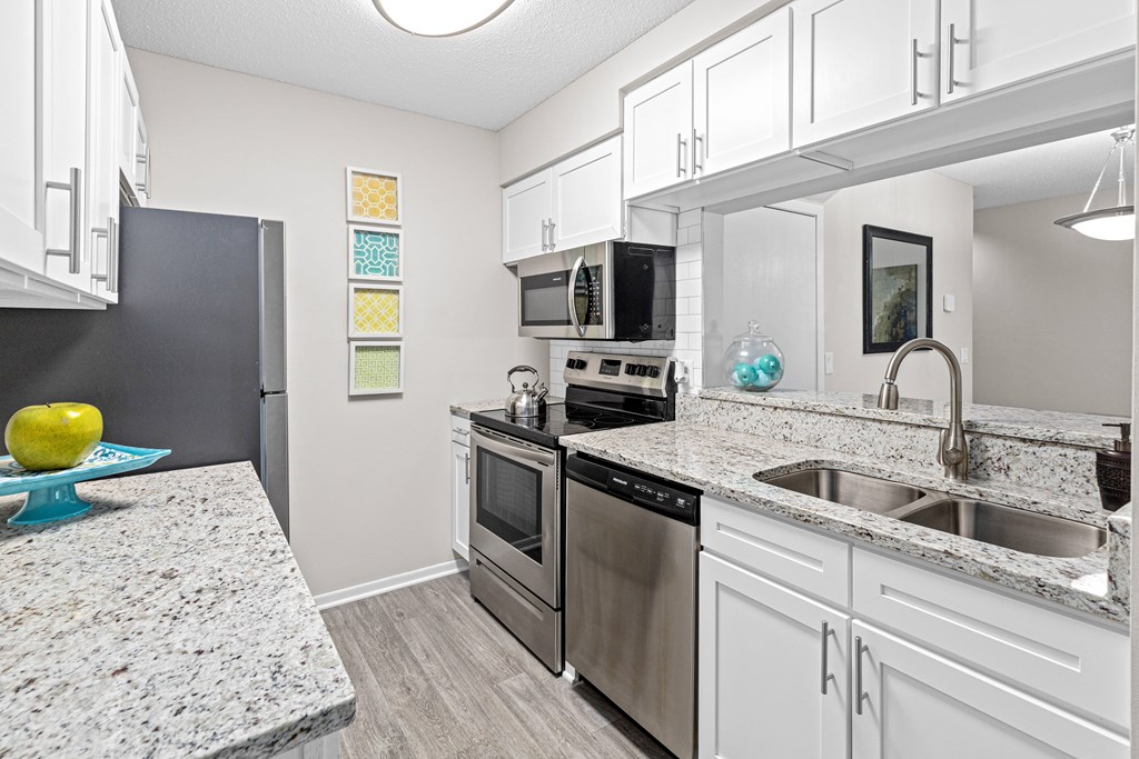 A kitchen with a granite countertop and stainless steel appliances.