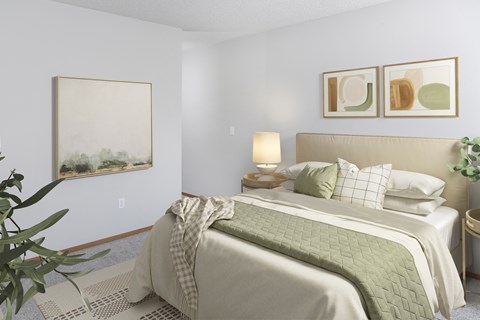 A bedroom with a large bed and a painting on the wall.